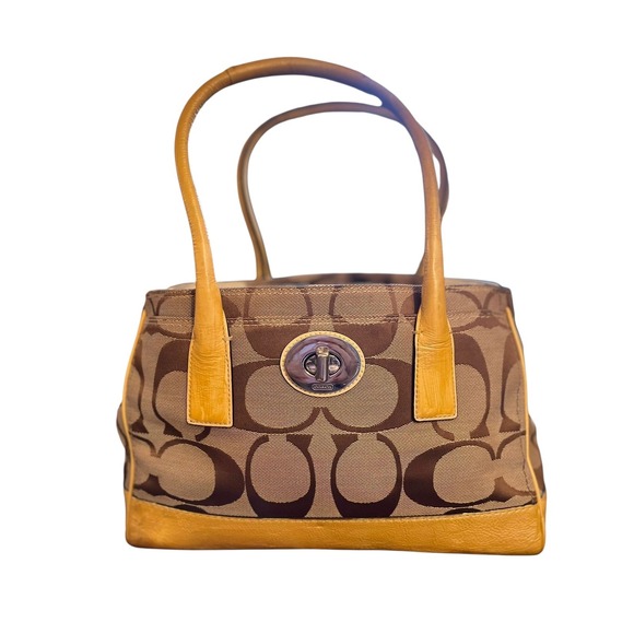Coach Hampton Canvas Leather Turnlock Satchel Tan Brown  + FREE Bag Charm 🎁 - Picture 1 of 11